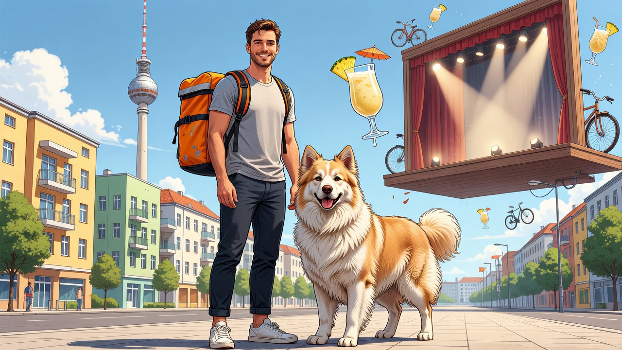 A vibrant, modern editorial illustration of a friendly young man standing in a sunny Berlin street, wearing a bicycle courier backpack and casual clothes, smiling at the viewer. Next to him is a large fluffy dog. In the background, stylized city architecture, a theater stage with spotlights, and a glass of piña colada appear as floating symbolic elements. Bright, clean, friendly atmosphere with fresh colors and a light, approachable feel. High-quality, whimsical editorial style, no text.